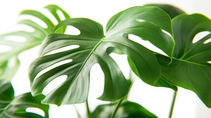 Wall Mural - Close-Up of Fresh Monstera Leaves Against Bright Background