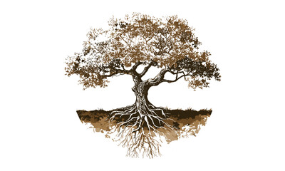 abstract tree with round foliage, exposed roots, vector illustration, eco theme, nature symbol, leaf
