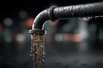 Concept image showing a water tap flowing with digital binary code and data stream, representing data leak, security breach, and digital vulnerability.