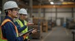 © NN AI - Asian engineers in hard hats and safety vests discussing project in warehouse. Industrial inspection, quality control. Construction management, workplace safety. Manufacturing supervision and facility