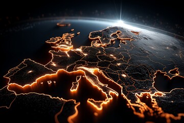 Leinwandbilder - Digital map of Europe with glowing country borders and sunrise horizon in futuristic world geography concept, Generative AI