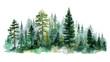 © aura studio - Watercolor mountain landscape, forest pine trees, woodland scenery, green forest, nature illustration, vector illustration, outdoor scenery, wilderness art, eco landscape.