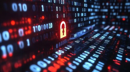 Cybersecurity and data privacy protection concept, lock, binary digits background