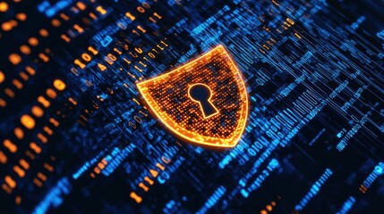 cybersecurity concept. A glowing digital shield with a keyhole, symbolizing cybersecurity, amidst binary code in a dark blue, matrix-like setting.