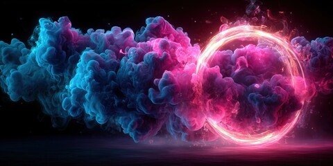 Wall Mural - 4d dynamic wallpaper featuring glowing neon rings fusing with swirling blue and pink ink clouds,