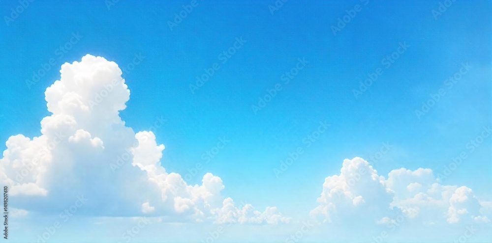 Vast expanse of clear blue sky, fluffy white clouds drift lazily across the horizon, a serene and peaceful summer scene  Perfect for travel, weather, nature, or serenity themes ,  bright,  nature