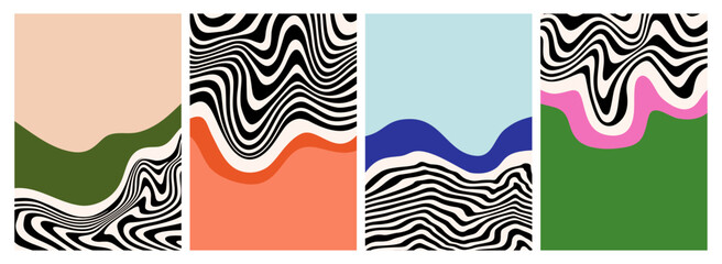 Aufkleber - Abstract Wavy Psychedelic Poster. Pattern with Color Shapes. Vector Geometric Line Art on Minimal Background Design.