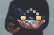 © THAWEERAT - Transfer file business data backup management system with internet cloud computing storage AI technology concept. Person hands open waiting to download document process with loading on virtual screen.