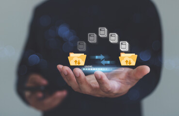 Leinwandbilder - Transfer file business data backup management system with internet cloud computing storage AI technology concept. Person hands open waiting to download document process with loading on virtual screen.