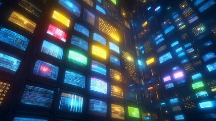 Wall Mural - vibrant wall of multiple screens displaying digital data streams, glowing in blue, yellow, green, an