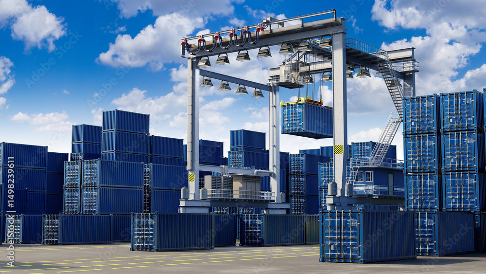 Port terminal with crane lifting a blue cargo container among stacked ...