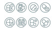 © SanyBRZ - Line style icons of pharmacy (circular): medication alert badge, refill notification icon, missed dose reminder, dosage alarm bubble, daily schedule tracker, treatment calendar, time-of-day indicator