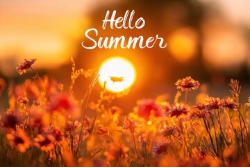 Wall Mural - A beautiful sunset over the meadow with wild flowers The sun is setting in front of it, and you can see its golden light shining through the grasses text above saying 