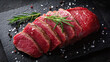 © Valeria - Raw beef slices with rosemary, salt and pepper on black slate, close-up gourmet ingredient styling for meat and grill-related visuals