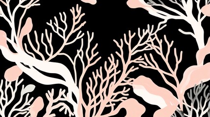 Wall Mural - abstract coral reef illustration: pink and white branches on black background