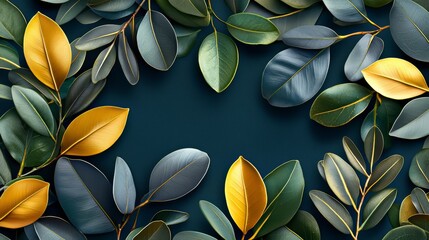 Poster - Blue background with green and yellow leaves. The leaves are arranged in a circle and the background is blue