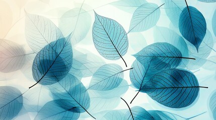 Poster - Blue leafy background with a few leaves scattered around. The leaves are thin and delicate, giving the impression of a light and airy atmosphere