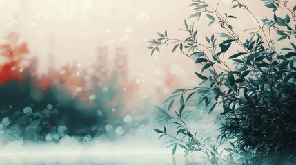 Wall Mural - blurry image of a forest with a tree in the foreground. the image has a serene and peaceful mood, wi
