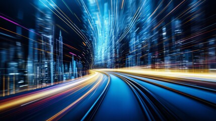 Fototapete - City street with a bright blue sky and a long, winding road. The city is lit up with neon lights, creating a sense of movement and energy