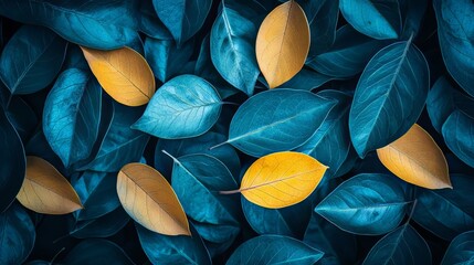 Poster - Close up of a variety of leaves, some of which are green and some are yellow. The leaves are scattered throughout the image, creating a sense of depth and texture
