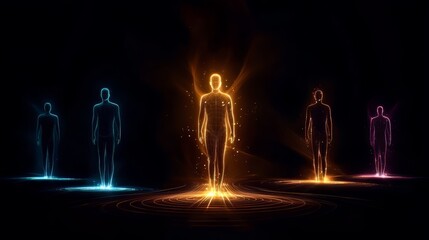 Aufkleber - Group of people are standing in a circle, each one glowing in a different color. The scene is vibrant and energetic, with the colors of the people creating a sense of unity and harmony