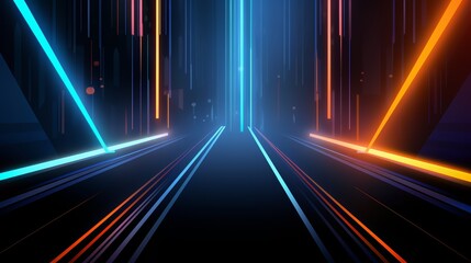 Aufkleber - Neon sign with a blue and orange stripe. The sign is lit up and he is a part of a futuristic cityscape