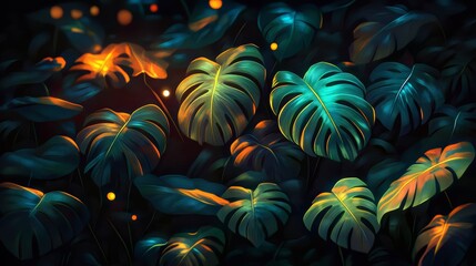Poster - Painting of a forest with many leaves, some of which are green and some of which are yellow