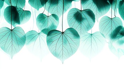Poster - Series of green leaves are hanging from a white background. The leaves are arranged in a way that creates a sense of movement and flow. Scene is serene and calming