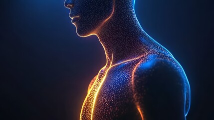 Leinwandbilder - Man's body is shown in a computer generated image with a glowing orange spot on his chest. The image has a futuristic and otherworldly feel to it