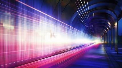 Fototapete - Train is traveling through a tunnel with a bright blue and pink background. The train is the main focus of the image, and the colors of the background create a sense of movement and energy