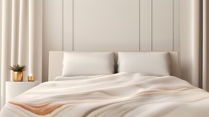 Poster - Bed with white sheets and pillows, and a gold vase on a nightstand. The bed is unmade and the curtains are drawn. The room is clean and simple, with a minimalist design