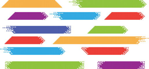 Pixel banner. Header, footer color layout with mosaic edges. Horizontal title tags with pixels. Labels pixelated decoration advertising vector elements. Rectangular dotted shapes isolated set on white