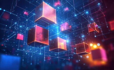 Wall Mural - glowing interconnected digital cubes floating in a futuristic network of bright blue and pink lines 