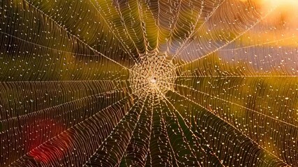 Delicate spiderweb glistening with water droplets against a bokeh background of green and warm light