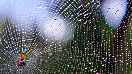 Delicate spiderweb glistening with dew drops, nature's intricate design, and rainbow refraction in center.