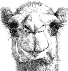 Poster - Detailed black and white sketch of a camel face showing intricate fur texture. Vector illustration