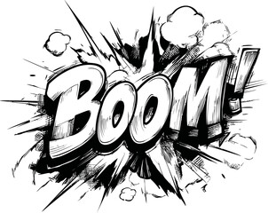 Aufkleber - Black and white comic-style explosion with boom text and smoke bursts. Vector illustration
