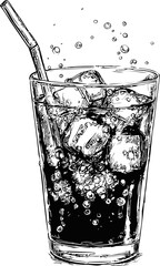 Aufkleber - Detailed black and white sketch of soda with ice and straw in glass. Vector illustration