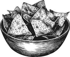Poster - Hand-drawn bowl of crispy nachos showcasing intricate details in black and white. Vector illustration