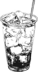 Aufkleber - Illustration of a glass filled with ice cubes and a straw, monochrome sketch. Vector illustration