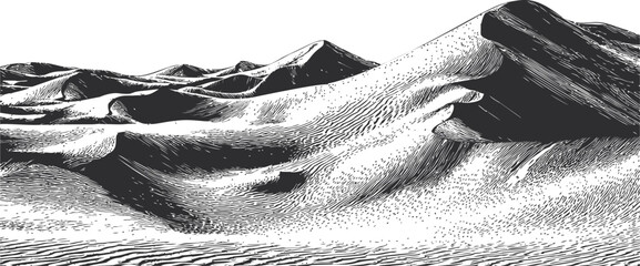 Wall Mural - monochrome illustration of sand dunes with detailed etching style. vector illustration