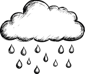 Leinwandbilder - Sketch of a cloud with falling raindrops in monochrome illustration style. Vector illustration