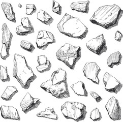 Fototapete - Hand-drawn sketch of various rocks on a white background, black line drawing. Vector illustration