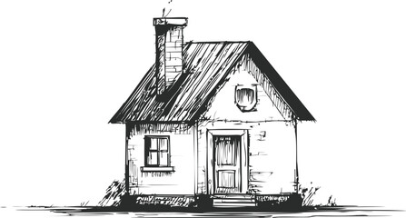 Poster - Black and white sketch of a small house with chimney and wooden door. Vector illustration