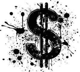 Aufkleber - Black dollar sign with ink splatters on white background, abstract art. Vector illustration