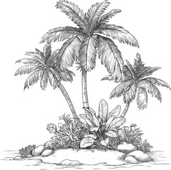 Wall Mural - palm trees and lush foliage on a small island in black and white line art. vector illustration