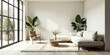 © Backdrop Bliss - Serene Minimalist Living Room Design Featuring a Spacious Sectional Sofa and a Comfortable Armchair, Bathed in Sunlight Streaming Through Large Panoramic Windows