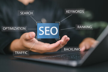 Leinwandbilder - Businessman Search engine optimization concept, business technology. SEO concept. Analyze SEO search engine optimization for promoting ranking traffic on the website.