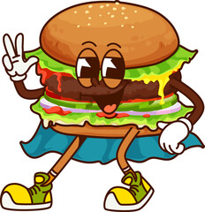 Poster - Cartoon groovy fast food burger character in superhero cape. Isolated vector retro tasty beefburger fastfood personage, flashing a peace sign with a wide smile, exudes cool funky 60s or 70s vibes