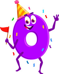 Poster - Birthday holiday celebration, cartoon zero math number and digit character. Cartoon vector 0 personage wearing festive hat, happily holding a flag hands, dancing under the falling confetti exuding fun
